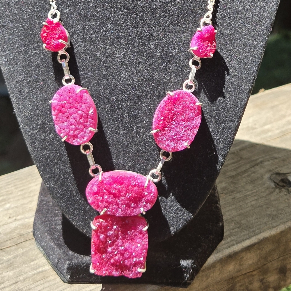 Fuschia Pink Sterling Druzy Crystal Necklace 20" - Picture 4 of 6